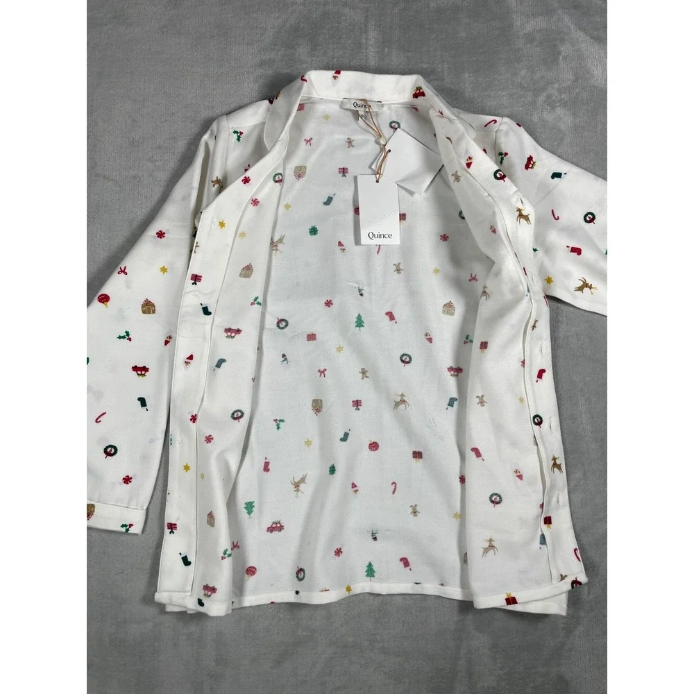 Quince Pajama Set Kids 12 White Christmas Holiday Print Button Up Sleepwear